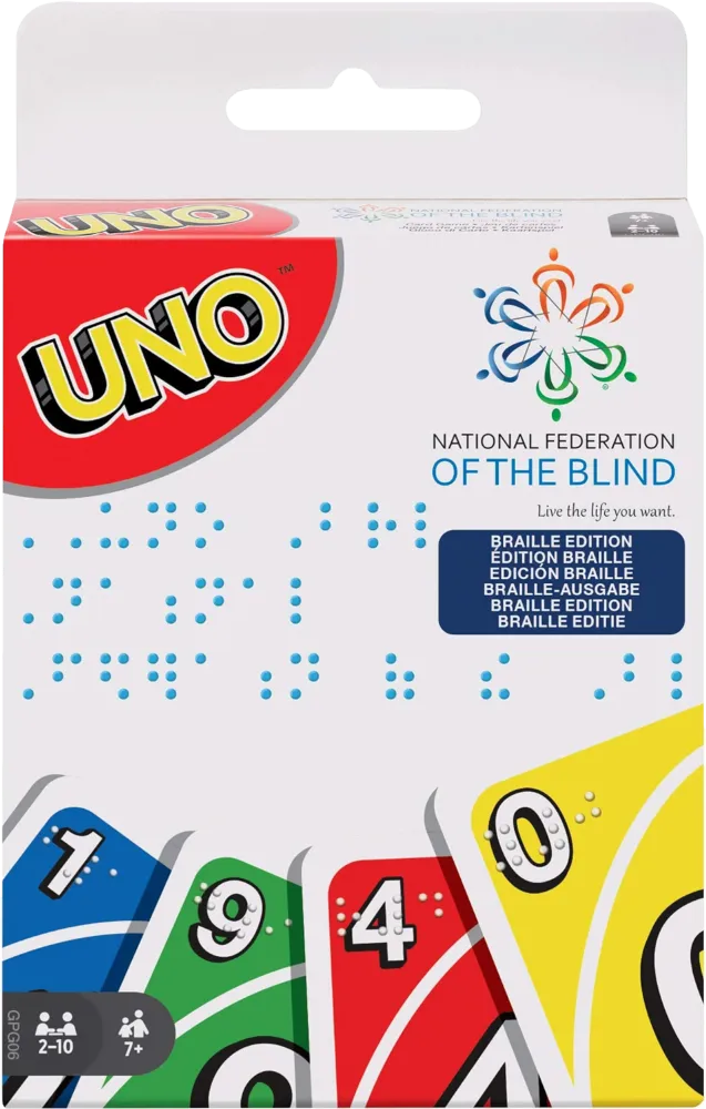 Packung einse UNO Kartenspiels mit Braille Aufschrift auf der Vorderseite.